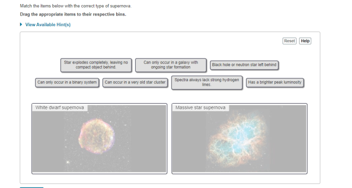 Match the items below with the correct type of supernova