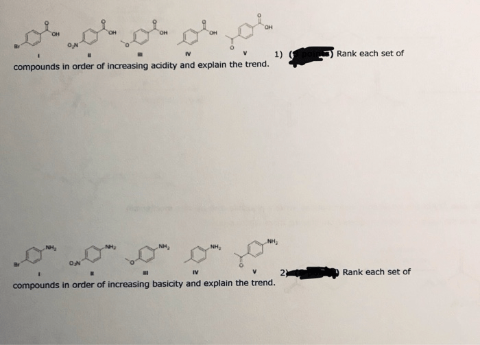 Rank each set of compounds in order of increasing acidity