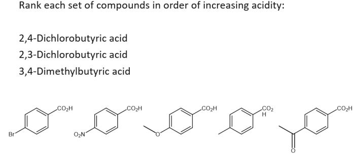 Rank each set of compounds in order of increasing acidity